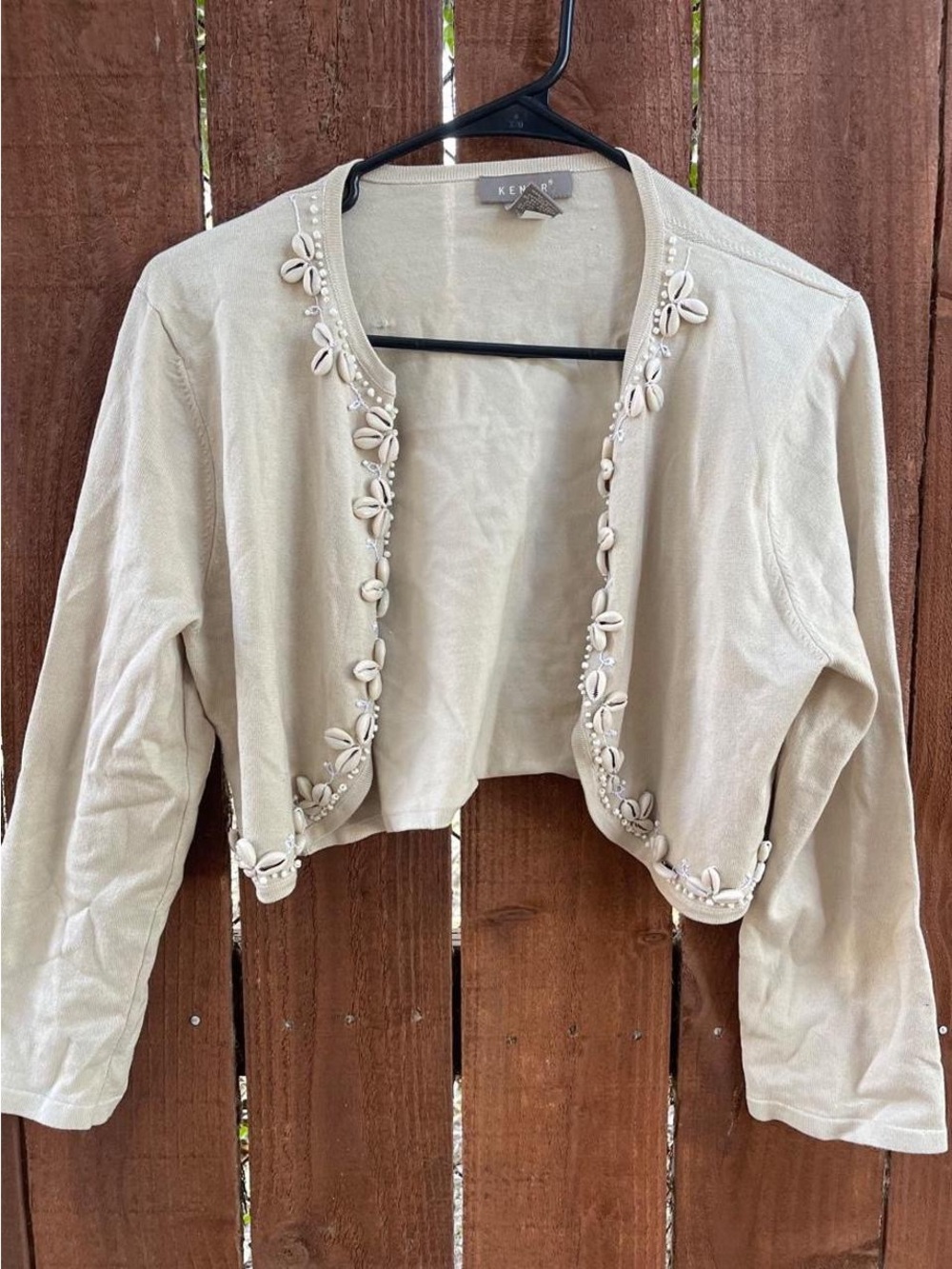 VTG KENAR Silk Blend Cream Seashell Beaded Bolero Shrug Cardigan Sz L